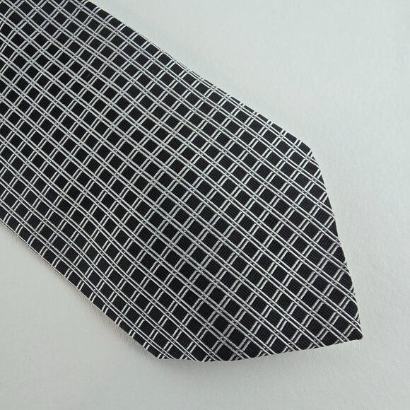 Lauren Ralph Lauren Tie Mens Black Grey Grid Check Pattern Silk Necktie Classic - Picture 1 of 8
